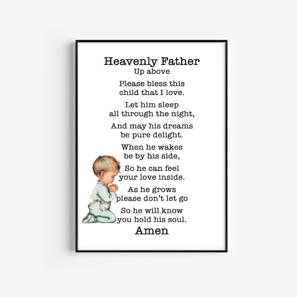 Bedtime Prayer Print, Nursery decor wall Art, Baby shower gift, Baptism Gift, Children Wall Decor, Bedroom Decor, Little Boy Room Decord