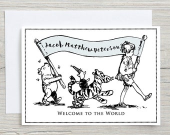 Personalized New Baby Card, Vintage Pooh and Gang, Custom Welcome to the World Card, Baby Congratulations Card, New Arrival Baby Card, BOY