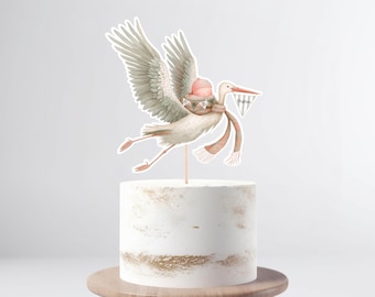 Custom Gender Neutral Stork Cake Topper, Vintage Baby Shower, Reveal Decor