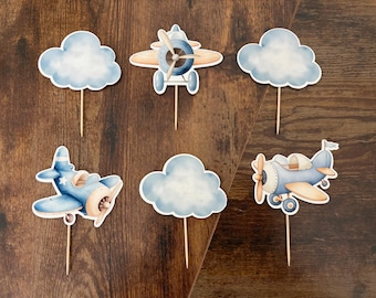 Vintage Airplane Cupcake Toppers, Set of 12,  GLITTER, Child Party, Baby Shower, Birthday, Centerpiece, Smash Cake, Vintage Airplanes
