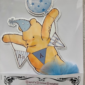 Classic Pooh Cake Topper, GLITTER, It&#39;s A Boy, Classic Pooh Baby Shower, Birthday, Centerpiece, Photo Prop, Smash Cake, Blue Balloon