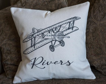 Baby Pillow, Vintage Airplane, PILLOW COVER, Personalized Child Pillow, baby boy gift, airplane baby pillow, aviator nursery
