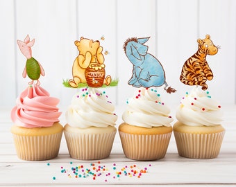 Glitter Winnie the Pooh & Friends Cupcake Toppers Set of 12, Baby Shower Birthday Party Decor
