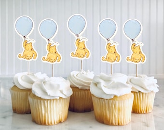 Classic Pooh Cupcake Toppers, GLITTER, Pooh Baby Shower, Birthday, Centerpiece, Photo Prop, Smash Cake, Pooh on Blue Balloon, Set of 12