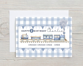 Personalized, NAME & AGE Card, BOY Train Birthday Card, 5x7 Card, Train Greeting Card, Age 1 to 5 Card, Glitter, Boy Train Greeting Card