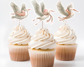Gender Neutral Stork Cupcake Toppers, Set of 12, Baby Shower, It’s a Baby Reveal