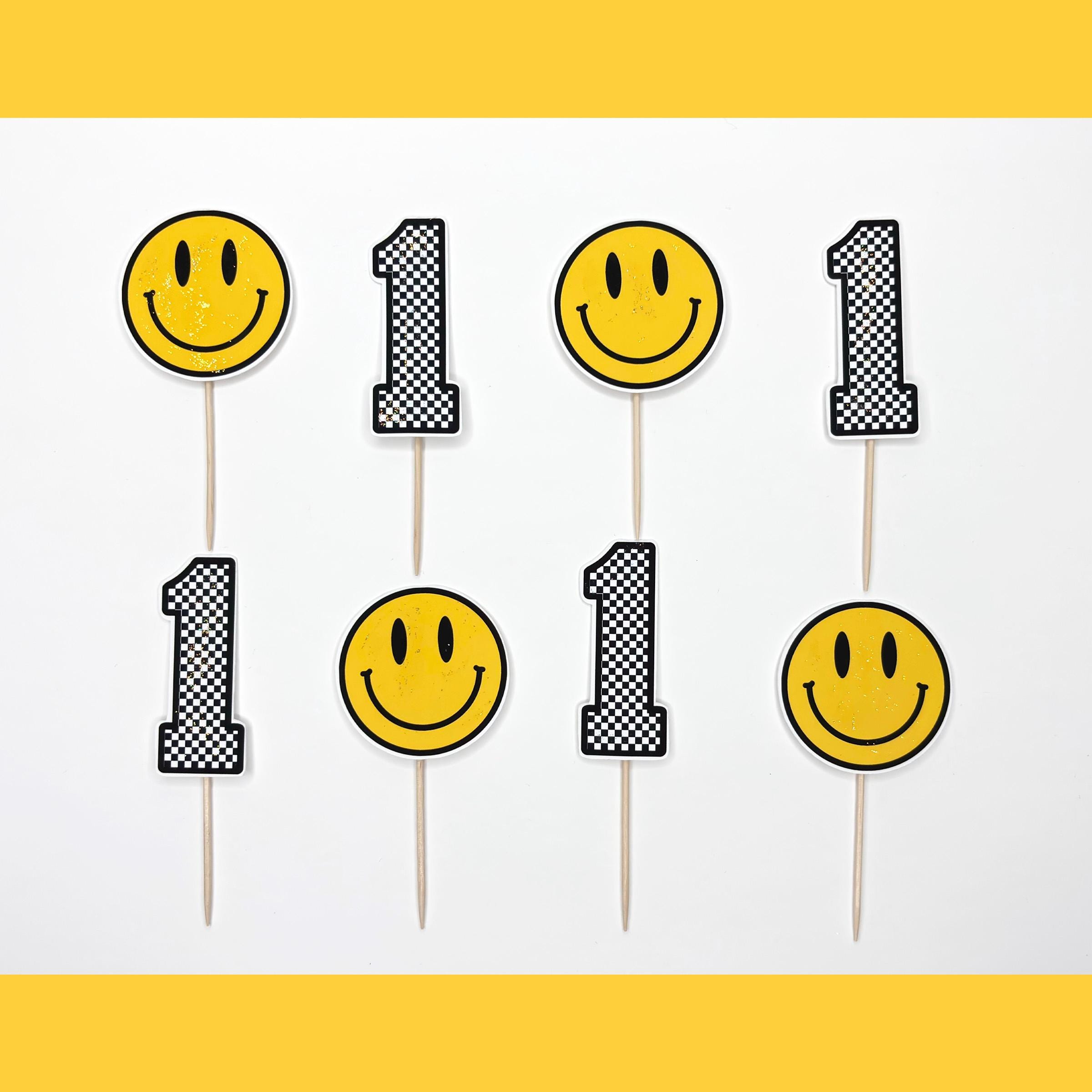 SMILEY CUPCAKE TOPPERS, Custom Checkered Number, Glitter, Centerpiece ...