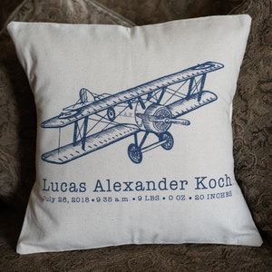 Birth Stats Pillow, Vintage Airplane, PILLOW COVER, Personalized birth announcement, baby boy gift, airplane baby pillow, aviator nursery