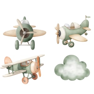 May include: Watercolor illustration of four elements: three toy airplanes and a cloud. The airplanes are in shades of green, tan, and peach, with propellers and wheels. The cloud is a soft green color. The image has a whimsical, vintage feel.