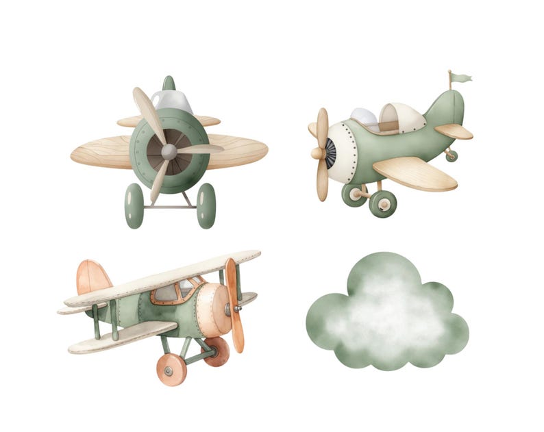 May include: Watercolor illustration of four elements: three toy airplanes and a cloud. The airplanes are in shades of green, tan, and peach, with propellers and wheels. The cloud is a soft green color. The image has a whimsical, vintage feel.