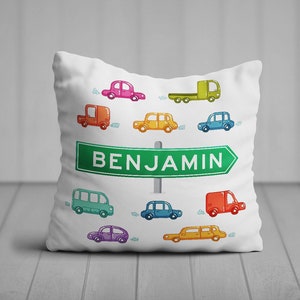 Personalised padded cushion with cars design - Kids Cushion - Bedroom Pillow - High quality filled cushion - Car Van Lorry Bedroom Decor