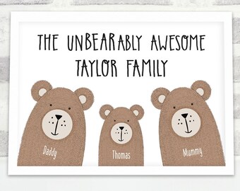 Personalised bear family portrait print, Family portrait bedroom decor, Names wall art, Personalized new baby gift, Personalized Wall Art