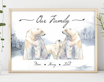 Polar Bear Family Portrait with custom names - Bear Family Wall Decor - Customised Wall Art - Personalized Polar Bears Our Family Print