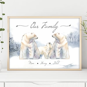 Polar Bear Family Portrait with custom names - Bear Family Wall Decor - Customised Wall Art - Personalized Polar Bears Our Family Print