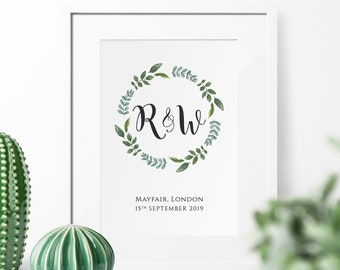 Personalized Unframed Print with Couple Initials - Wedding Day / Wedding Anniversary Gift - Leaves Floral Wreath Spring Wedding Custom Gift