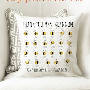 Personalised Thank You Teacher Gift - Padded Cushion - Personalized School Leaving Gift for Teachers - Busy Bees Student Names + Class Year
