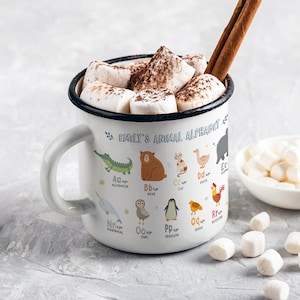 Tazza di smalto personalizzata dell'alfabeto animale - Regalo di Natale per bambini - Tazza da 10 once con animali - Tazza di smalto di alta qualità per bambini