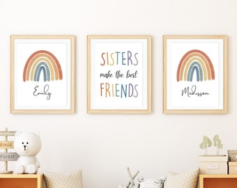 Set of 3 Pastel Rainbow Prints, Sisters Custom Name Print, Personalized Gift for kids, Playroom Art Keepsake, Nursery Wall Art