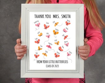 Thank You Teacher Gift with Butterflies - School Leaving Gift for Teachers - Framed or Unframed Print with Student Names + Custom Message