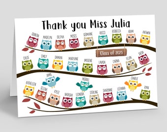 Thank You Teacher Greeting Card - Personalised School Leaving Gift for Teachers - Thank You Card - Owls with Student Names & Class Year