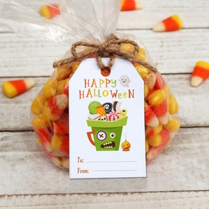 Printable Happy Halloween Gift Tag - To From Gift Tags for Candy Bags - Funny Bucket of Sweets Gift Tag - Print at home tags