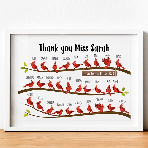 Personalised Thank You Teacher Gift - Personalized School Leaving Gift for Teachers - Framed Print - Cardinals with Student Names Class Year