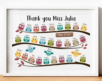 Personalised Thank You Teacher Gift - Personalized School Leaving Gift for Teachers - Framed Print - Owls with Student Names + Class Year