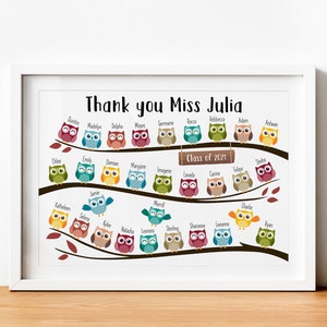 Personalised Thank You Teacher Gift Personalized School Leaving Gift for Teachers Framed Print Owls with Student Names Class Year image 1