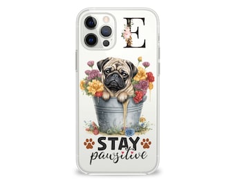 Personalised Pug with Flowers Flexi Phone Case for iPhone and Samsung Galaxy - High Quality Flexible Case with Cute Puppy Design Phone Cover