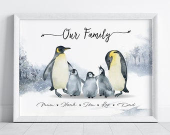 Personalised Family Gift - Penguin Family Portrait - Emperor Penguins Wall Decor - Bespoke Wall Art - Personalized Penguins Family Print