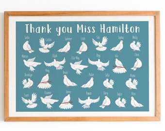 Thank You Teacher Gift With Doves - School Leaving Gift for Teachers - Framed or Unframed Print - Doves with Student Names + Class Year