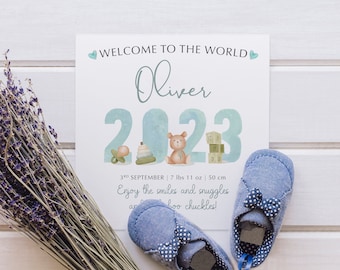 Personalised New Baby Boy Card, Welcome to the world, New baby Congratulations, New Parents Card,  New baby gift, Grandson