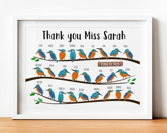 Personalised Thank You Teacher Gift - Personalized School Leaving Gift for Teachers - Framed Print - Kingfisher, Student Names, Class Year