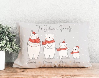 Personalised Polar Bear Family Padded Cushion - Christmas Bears Lumbar Pillow - High quality filled cushion - Gift for family & parents