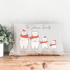 Personalised Polar Bear Family Padded Cushion - Christmas Bears Lumbar Pillow - High quality filled cushion - Gift for family & parents