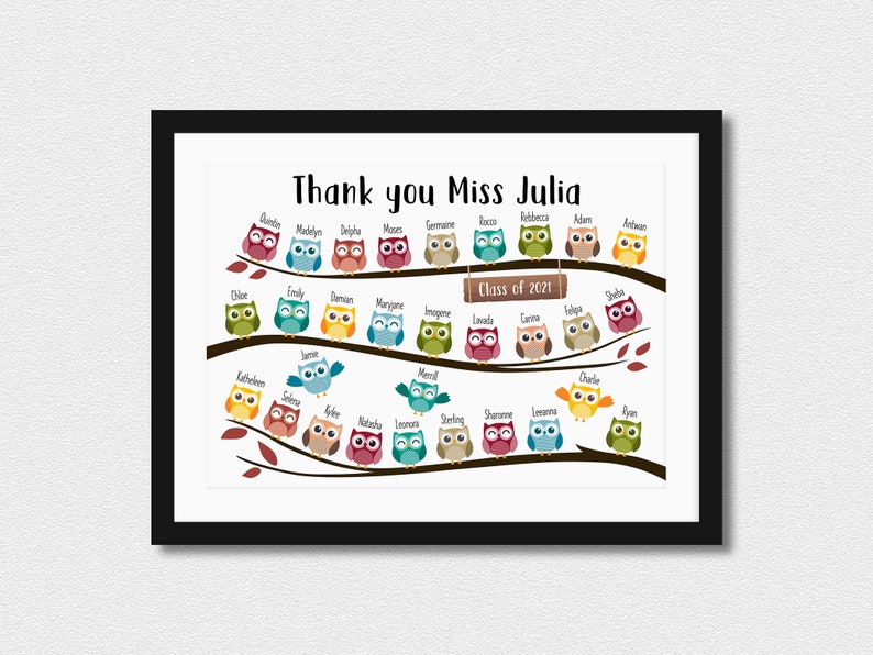Personalised Thank You Teacher Gift Personalized School Leaving Gift for Teachers Framed Print Owls with Student Names Class Year image 2