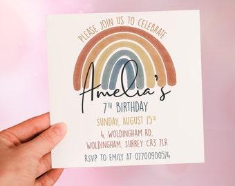 Pastel Rainbow Birthday Invitation Card - Autumn Birthday Double Sided Birthday Invite - 5.5" x 5.5" square blank birthday invitation card