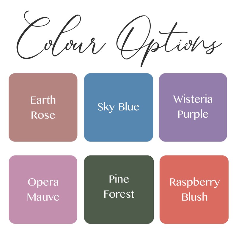 Pu&ograve; includere: Opzioni di colore per un prodotto, mostrate come sei campioni di colore. I colori sono: Rosa Terra, Blu Cielo, Viola Wisteria, Malva Opera, Foresta di Pino e Rosso Fragola.