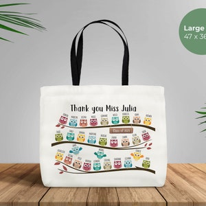 Thank You Teacher Gift with owls - Large Hard Wearing Canvas Tote Bag - Personalized School Leaving Gift for Teachers -Students Class Year