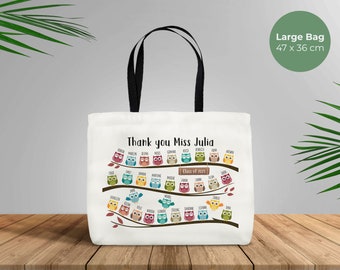 Thank You Teacher Gift with owls - Large Hard Wearing Canvas Tote Bag - Personalized School Leaving Gift for Teachers -Students Class Year