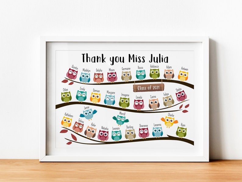 Personalised Thank You Teacher Gift Personalized School Leaving Gift for Teachers Framed Print Owls with Student Names Class Year image 1