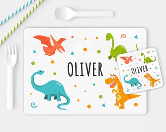 Personalised TRex placemat coaster and mug - Toddler Dinosaur Table Set - Dino T-Rex placemat coaster set - Birthday Christmas Gift for kids