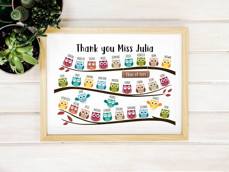 Personalised Thank You Teacher Gift Personalized School Leaving Gift for Teachers Framed Print Owls with Student Names Class Year image 3