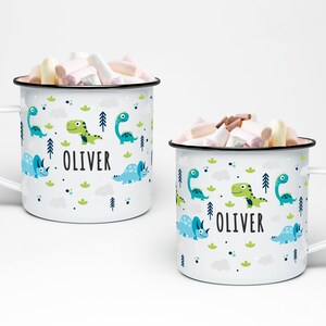 Dinosauri Tazza Smalto Personalizzata - Regalo di Natale per Bambini - Tazza da 10 once - Blue Green Dinos - Tazza in smalto di alta qualità per bambini