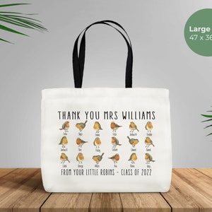 Thank You Teacher Gift with Robins - Large Hard Wearing Canvas Tote Bag - Personalized School Leaving Gift for Teachers -Students Class Year