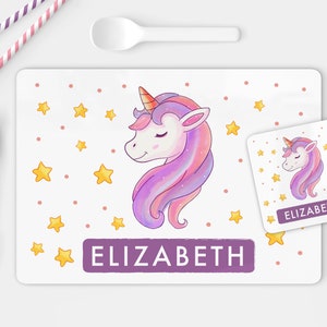 Personalised Unicorn Placemat and Coaster Toddler Unicorn Table Set with Name Dinner Set for Kids Birthday Christmas Gift for Children image 1