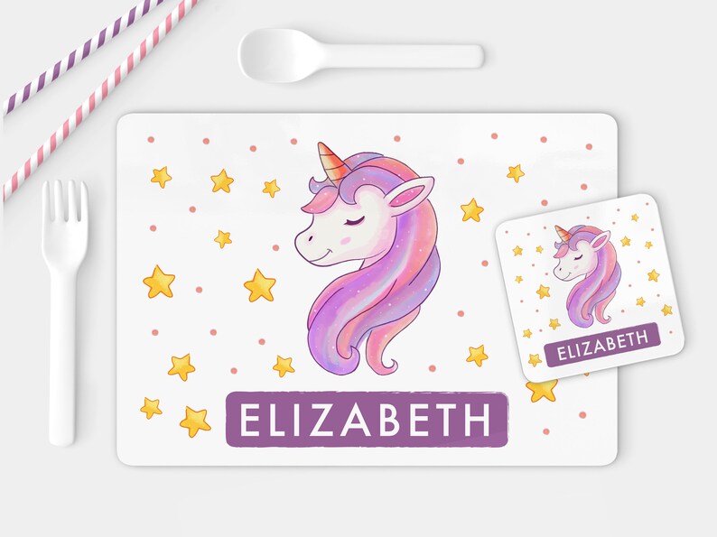 Personalised Unicorn Placemat and Coaster Toddler Unicorn Table Set with Name Dinner Set for Kids Birthday Christmas Gift for Children image 1