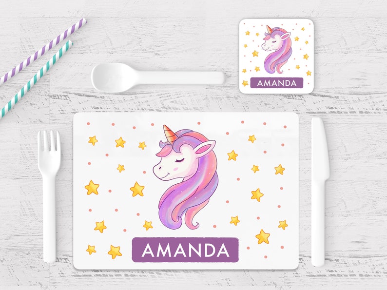 Personalised Unicorn Placemat and Coaster Toddler Unicorn Table Set with Name Dinner Set for Kids Birthday Christmas Gift for Children image 2