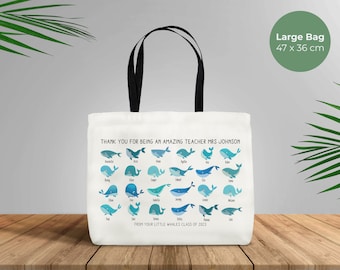 Thank You Teacher Gift with whales - Large Hard Wearing Canvas Tote Bag - Personalized School Leaving Gift for Teachers -Students Class Year