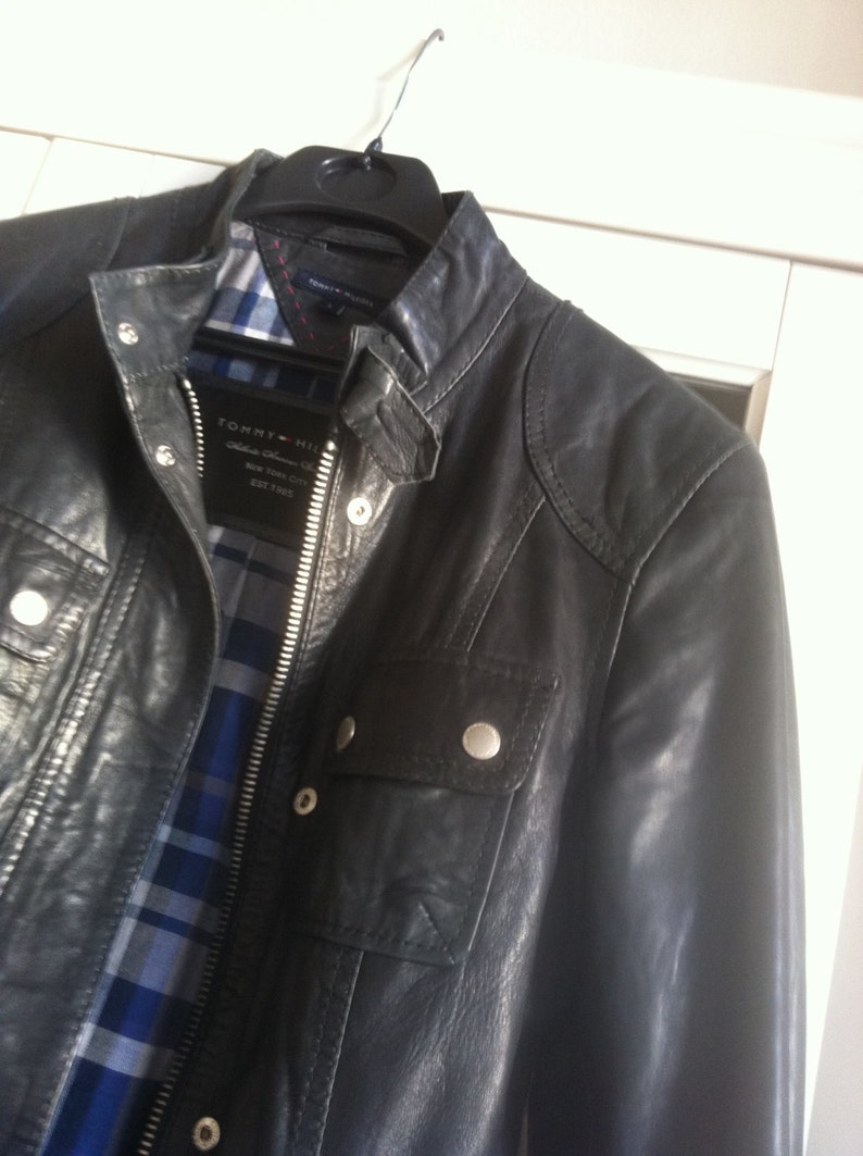 Gorgeous Tommy Hilfiger leather jacket, biker-style, size S fits M, anthracite, as good as new image 4